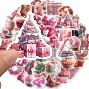50-piece pink cartoon Christmas stickers set for decorating guitar, laptop, and luggage