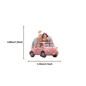 Detail view of a 5.34x4.98cm waterproof pink cartoon car sticker with a girl and luggage