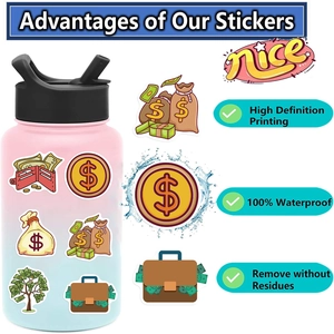 Detail of waterproof money stickers on a water bottle with creative cash bag patterns