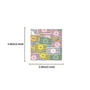 Close-up showing a 2.1-inch square waterproof sticker with colorful cartoon money patterns