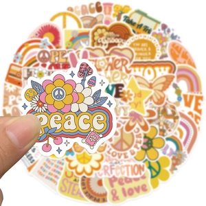 Pack de 50 pegatinas Groovy Boho Hippie con diseños retro coloridos de paz y flores