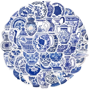 Set di 50 adesivi impermeabili in porcellana blu e bianca per pc e decorazioni