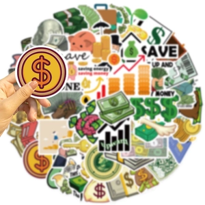 Close-up of waterproof cartoon gold coin and finance-themed stickers for DIY decoration
