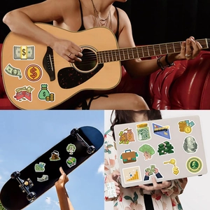 Waterproof money graffiti stickers shown on a guitar, skateboard, and laptop surface