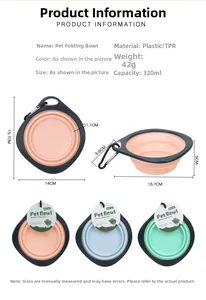 Close-up detail of 320ml collapsible pet bowl showing 5cm height and size dimensions