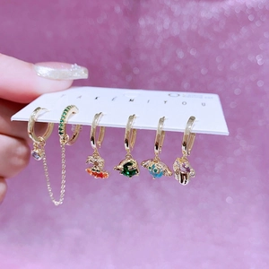 Chic 6-piece gold earring set with colorful crystals and sea animal charms on card