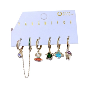 6-piece gold hoop earring set featuring colorful cubic zirconia pendants and charms