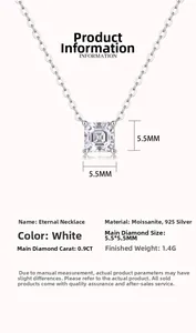 Detail view of 0.9CT square moissanite pendant with dimensions and 925 silver specs