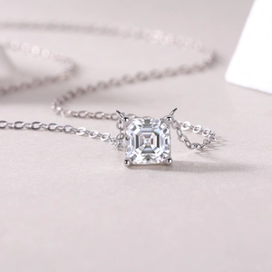 Elegant S925 sterling silver necklace with a square-cut moissanite pendant for women