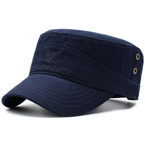 Dark blue cotton flat top army cap with eagle embroidery and brass ventilation eyelets