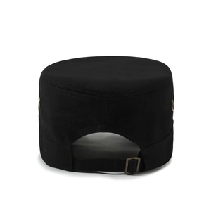 Rear view of black cotton cadet cap with adjustable metal buckle and ventilation eyelets