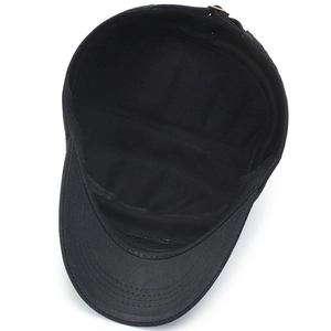Black cotton flat top military cap with adjustable metal buckle and reinforced stitching
