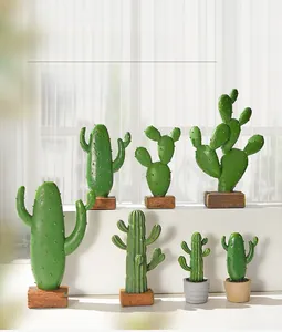 Macro shot of assorted Nordic resin cactus plants with realistic textures on wooden bases
