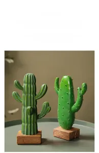 Macro view of realistic resin cactus plants with wood texture square base