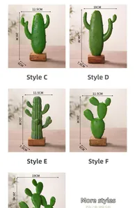 Detail view of various Nordic resin cactus ornaments with dimensions and wood bases
