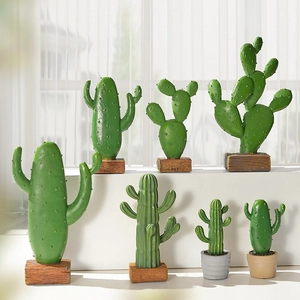 Nordic resin cactus decor set with realistic green textures and wooden bases