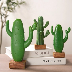 Nordic resin cactus figurines set with wood-grain bases for modern home decoration