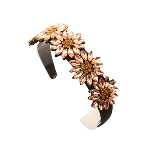 Elegant wide black headband with crystal sunflower designs and champagne rhinestones
