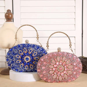 Luxury Rhinestone Evening Bag Floral Pattern Oval Hard Shell Clutch Bag With Metal Handle For Women Wedding Party