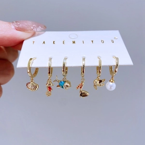 Set of 6 gold shark shell and zircon huggie earrings with colorful charms for women