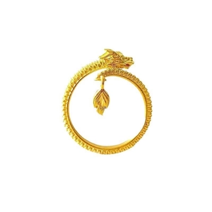 Golden dragon open ring with moving pendant and detailed scales on white background