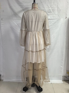 Vue arrière détaillée d'une robe en mesh beige à col en V avec manches bouffantes et jupe