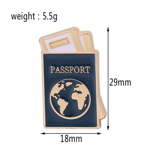 Detailed macro view of passport enamel brooch with 29mm x 18mm size and 5.5g weight info