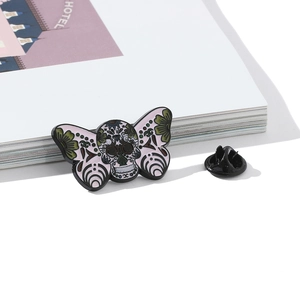 Halloween moth skull enamel pin with pink floral butterfly wings and alloy backing