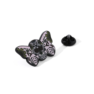 Pink sugar skull moth enamel pin with floral details for Halloween accessories