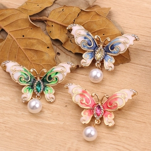 Vintage Alloy Butterfly Hanger Brooches With Rhinestone Crystal Artificial Pearl For Women Elegant Enamel Insect Brooch Jewelry Gift