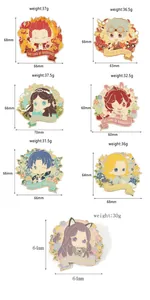 Size chart showing 7 character enamel pins with detailed dimensions and weights