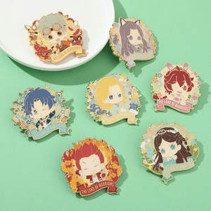 Set of 7 colorful enamel pins featuring anime characters on mint green background