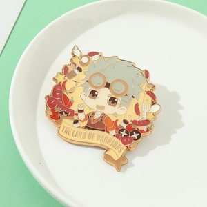 Detailed enamel pin of Soul Land character Oscar with food icons on a white ceramic plate