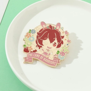 Detailed close-up of a cute anime girl enamel pin with rabbit ears and flowers