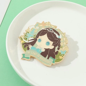 Detail of Soul Land enamel pin showing a cute female character on a ceramic plate