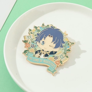 Detail view of Soul Land enamel pin with blue-haired anime boy and floral motifs