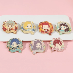 Set of 7 colorful enamel pins featuring anime characters with The Land of Warriors banner