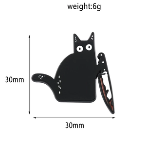 Detail view of cartoon killer cat enamel pin with knife and size markers, 30mm design