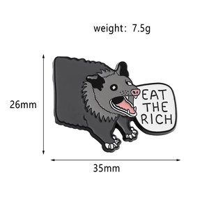 Detail of 35mm Enamel pin featuring an opossum with Eat The Rich text and 7.5g weight info