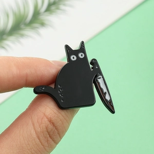 Cartoon black killer cat enamel pin with knife for Halloween clothing accessories