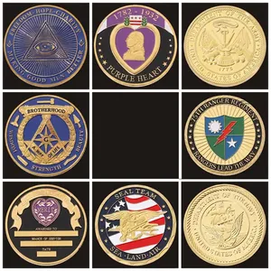 Custom metal badges and military challenge coins featuring diverse enamel relief emblems