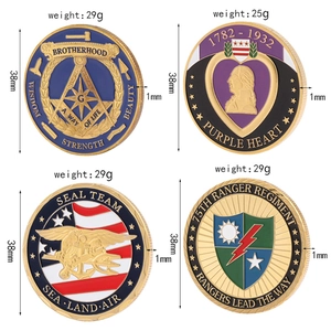 Custom 38mm metal challenge coins with Masonic and US Military enamel badge designs