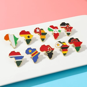 Set of 10 African map enamel pins with national flags on a modern display stand