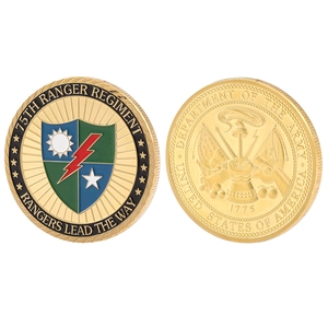 Detailed front and back view of 75th Ranger Regiment gold metal challenge coins