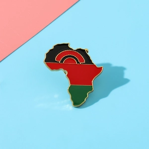 Detail view of Malawi flag enamel pin in Africa map shape with gold metallic edges