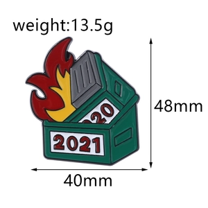 Dumpster Fire enamel pin specifications showing 40mm width and 48mm height dimensions
