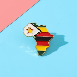 Detailed view of Zimbabwe flag enamel pin in the shape of an Africa map silhouette