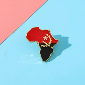 Detailed view of Angola map lapel pin featuring national flag colors and gold plating