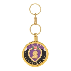 Detail of a gold Purple Heart medal keychain with George Washington relief and 1782-1932 date