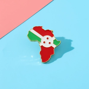 Detailed Burundi map lapel pin with enamel flag design and golden metallic plating